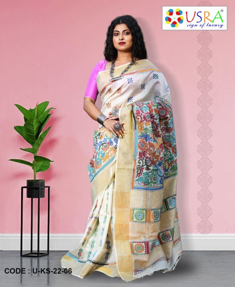 White Kantha Stitch Silk Saree -6
