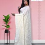 White Kantha Stitch Saree Front -05