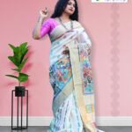 White Kantha Stitch Silk Saree Front -06