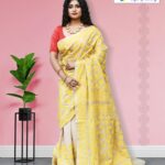 Yellow Kantha Stitch Saree- Front